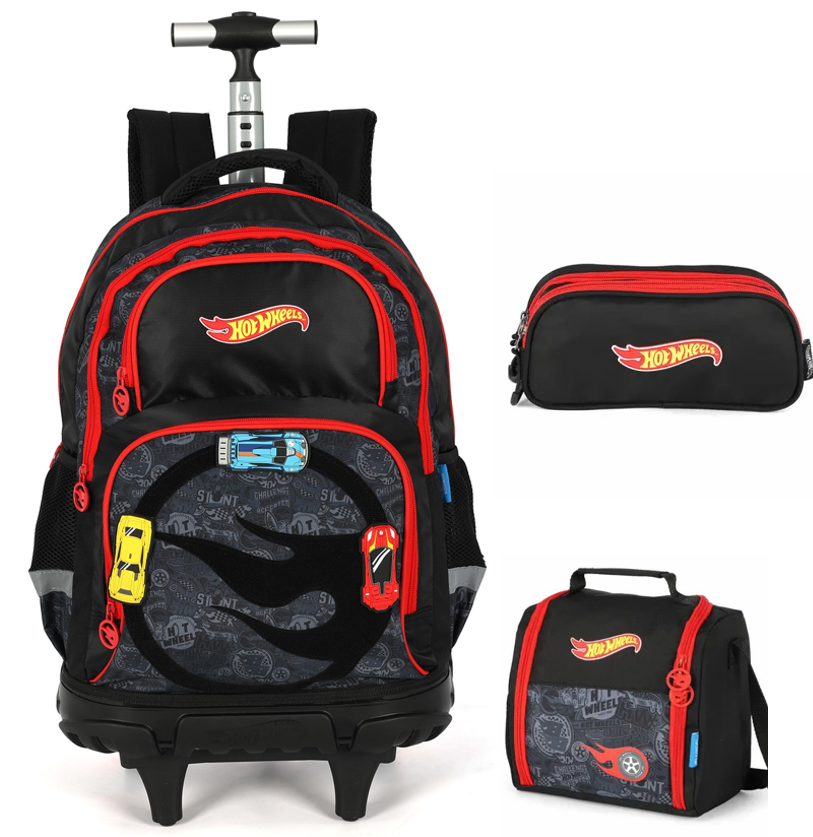Kit Mochila Infantil Com Rodinhas + Lancheira Térmica e Estojo Triplo do Hotwheels Preto