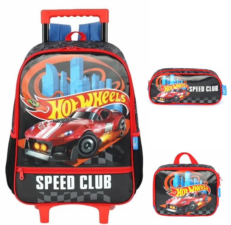 Kit Mochila Infantil Com Rodinhas + Lancheira Térmica + Estojo Simples do Hotwheels Speed Club