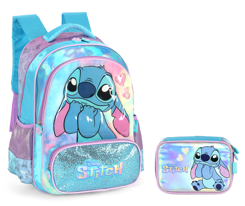 Kit Mochila Infantil Costas + Estojo Box da Lilo Stitch e Angel Azul