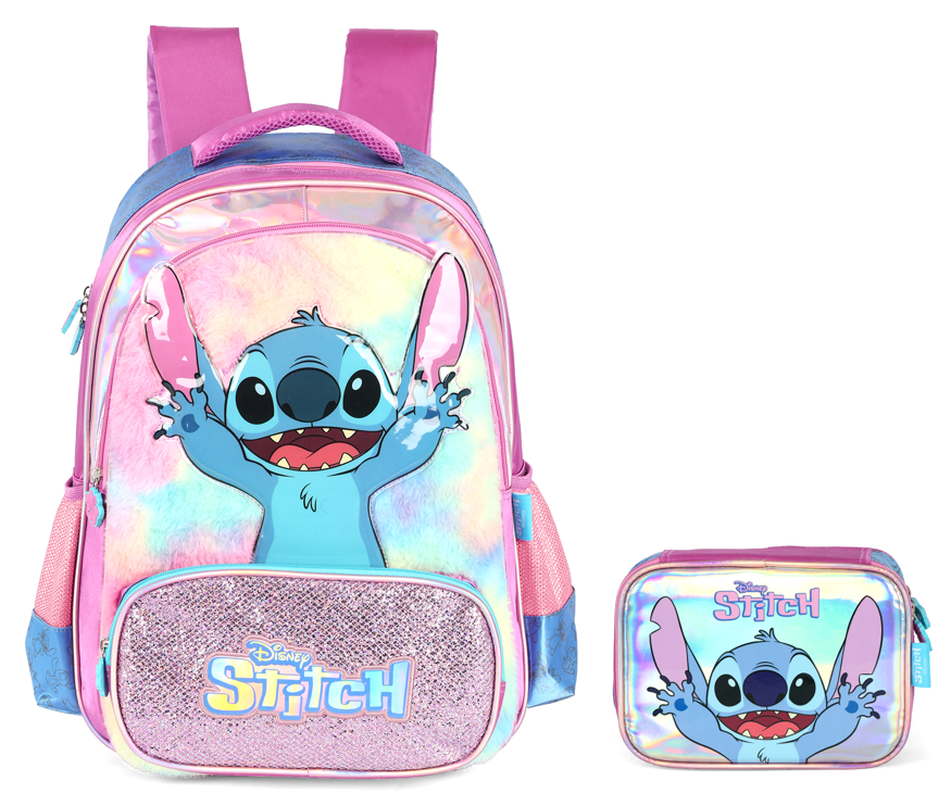 Kit Mochila Infantil Costas + Estojo Box da Lilo Stitch e Angel Roxa