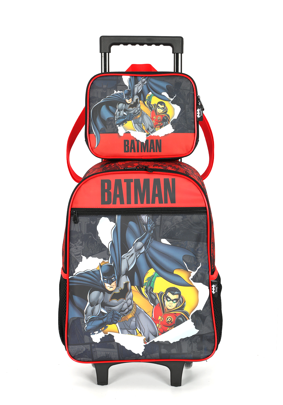 Kit Mochila Infantil Rodinhas Batman e Robin + Lancheira Preta