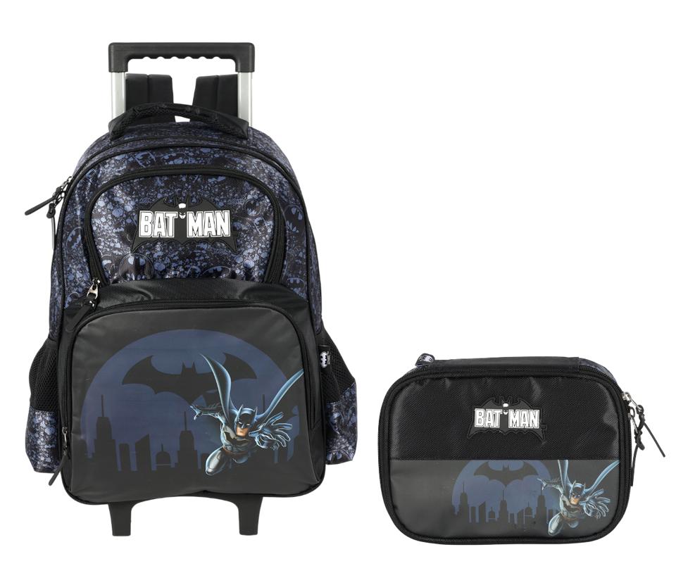 Kit Mochila Infantil Rodinhas Batman + Estojo Preta e Azul