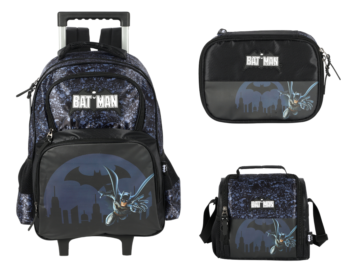 Kit Mochila Infantil Rodinhas Batman + Lancheira + Estojo Preta e Azul
