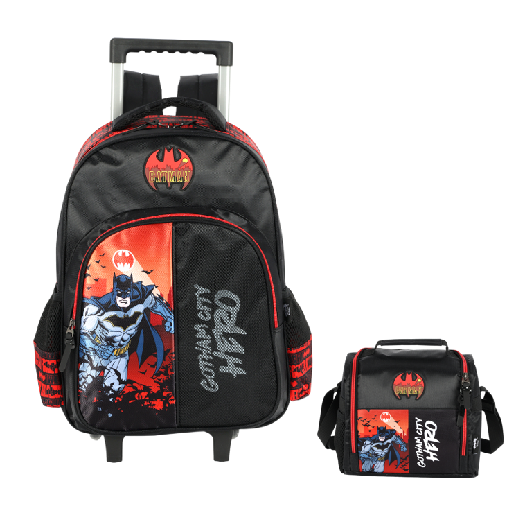 Kit Mochila Infantil Rodinhas Batman + Lancheira Preta e Vermelha