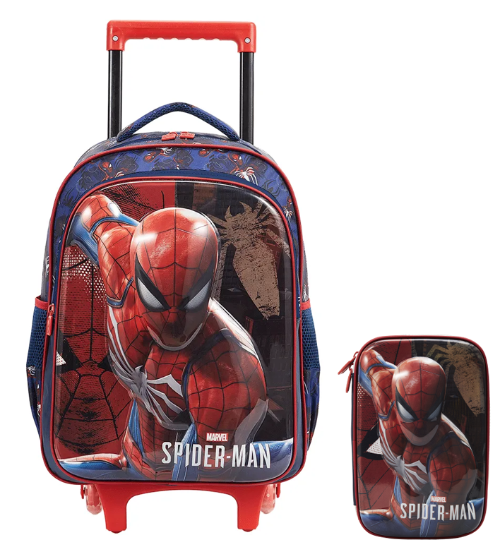 Kit Mochila Infantil Rodinhas + Estojo Box Homem Aranha 3D Azul e Vermelha