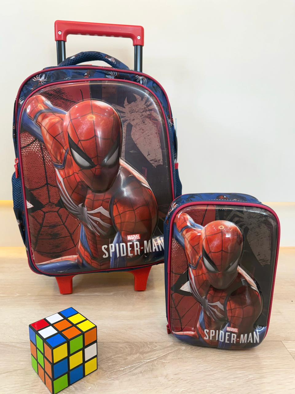 Kit Mochila Infantil Rodinhas + Estojo Box Homem Aranha 3D Azul e Vermelha