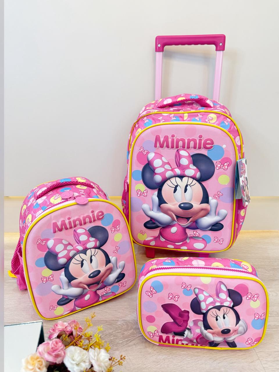 Kit Mochila Infantil Rodinhas + Estojo Box + Lancheira Minnie Rosa Colorida