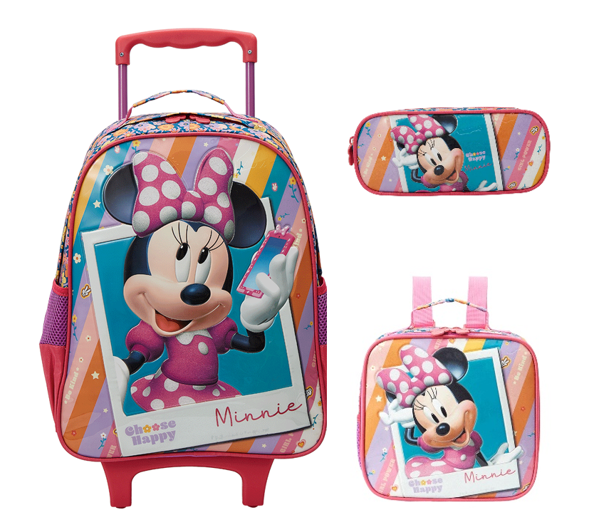 Kit Mochila Infantil Rodinhas + Estojo Duplo + Lancheira Minnie