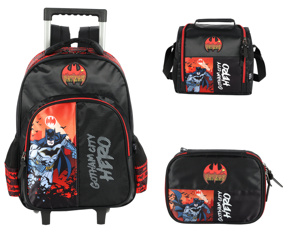 Kit Mochila Infantil Rodinhas + Estojo + Lancheira Batman Preta e Vermelha