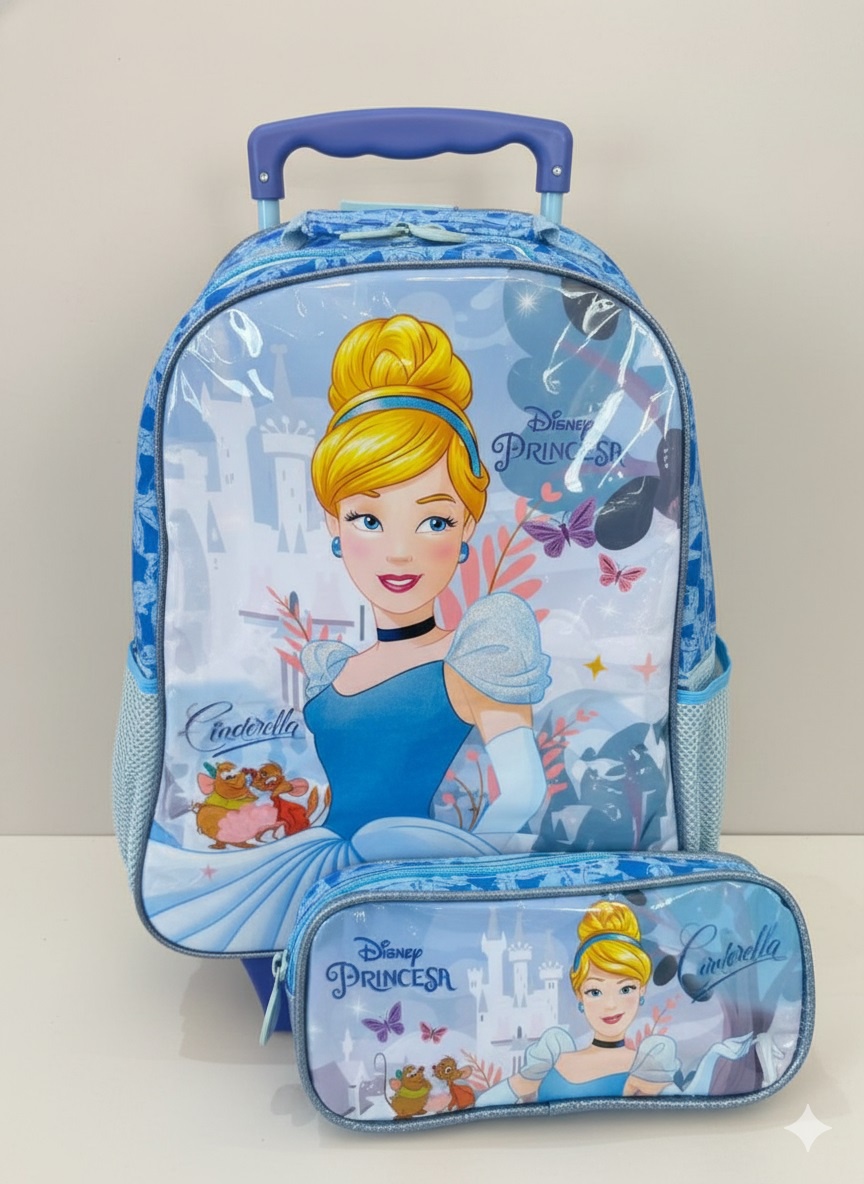 Kit Mochila Infantil Rodinhas + Estojo simples da Princesa Disney Cinderela Azul