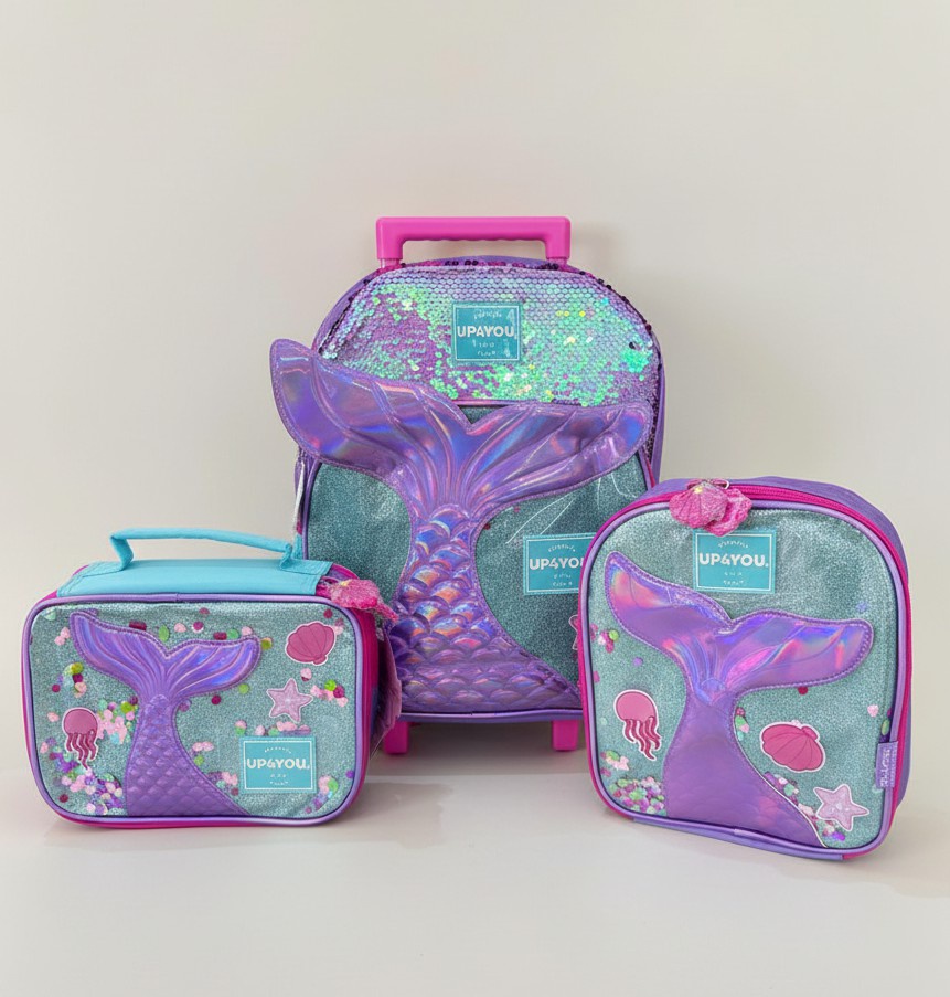 Kit Mochila Infantil Rodinhas + Lancheira Térmica + Estojo Box da Sereia C/ Paetê
