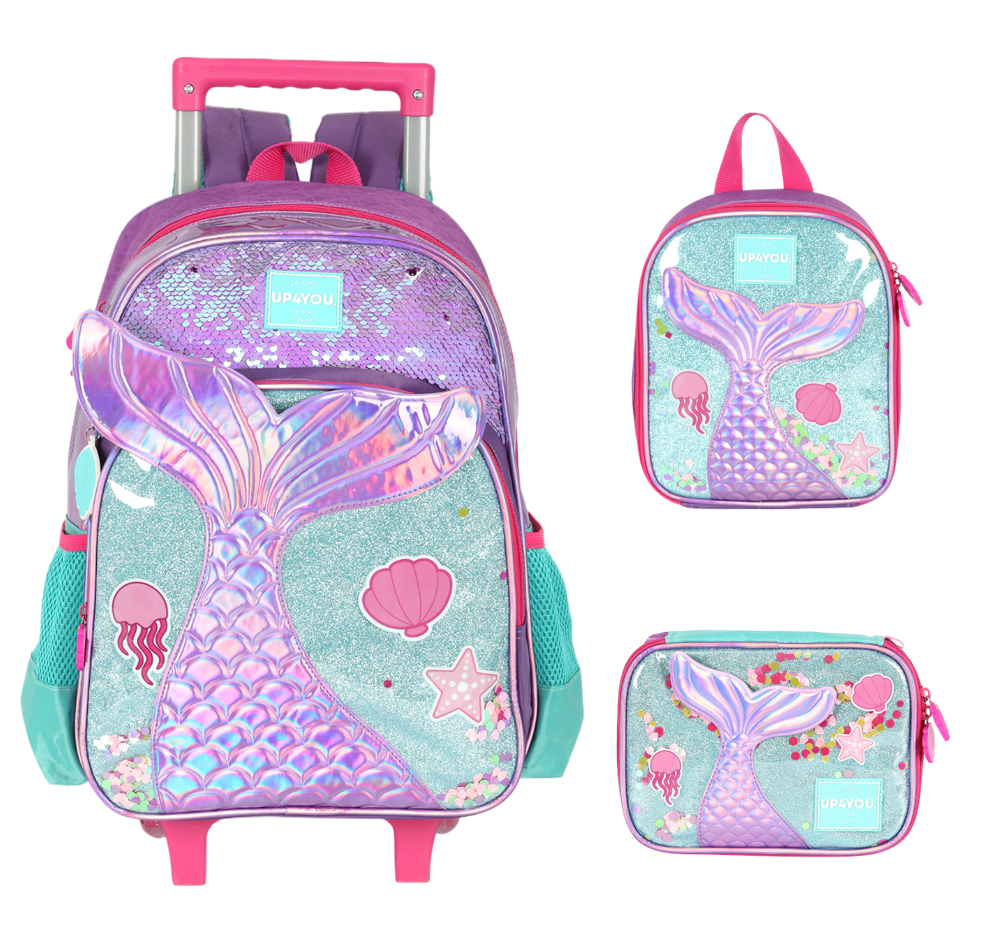 Kit Mochila Infantil Rodinhas + Lancheira + Estojo Roxo Sereia Up4you