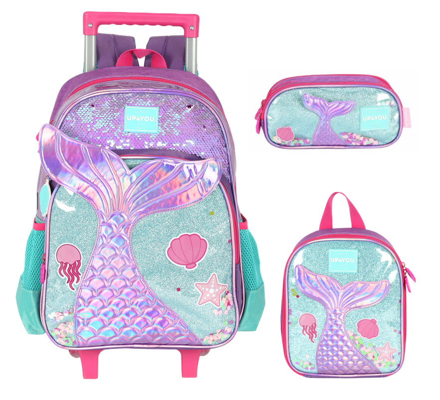 Kit Mochila Infantil Rodinhas + Lancheira Térmica +Estojo Triplo Roxo Sereia C/ Paetê