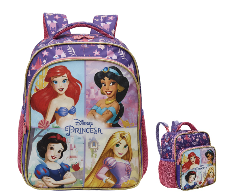 Kit Mochila + Lancheira Escolar Princesas da Disney Glitter