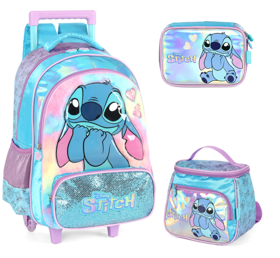 Kit Mochila + Lancheira + Estojo Box Lilo Stitch e Angel Azul e Lilás
