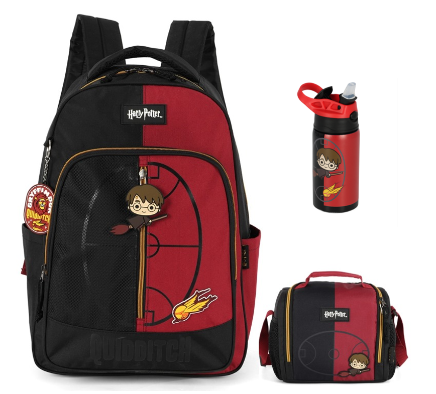 Kit Mochila + Lancheira + Garrafinha do Harry Potter Grifinória Quadribol