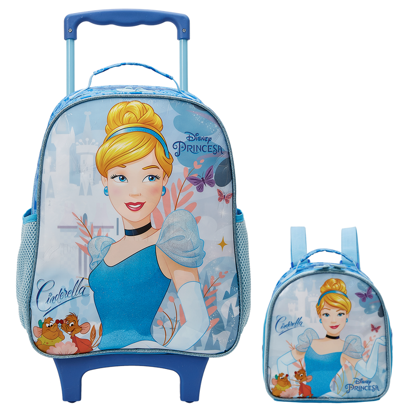 Kit Mochila Rodinhas Escolar + Lancheira da Princesa Disney Cinderela Azul
