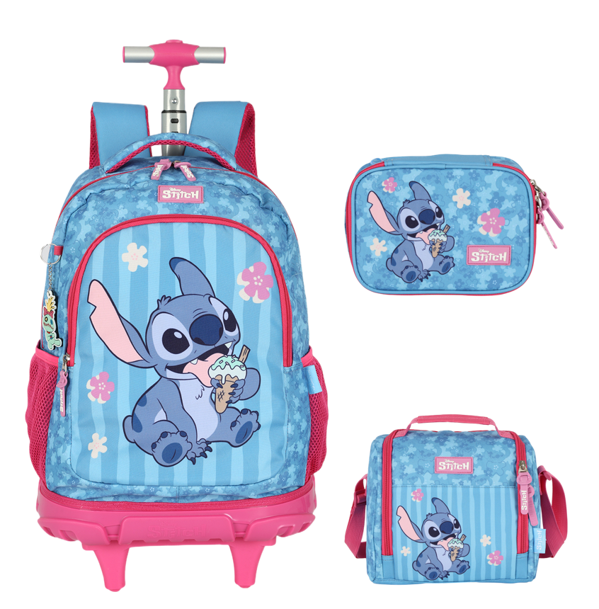 Kit Mochila Rodinhas + Estojo Box + Lancheira da Lilo Stitch e Angel Pink