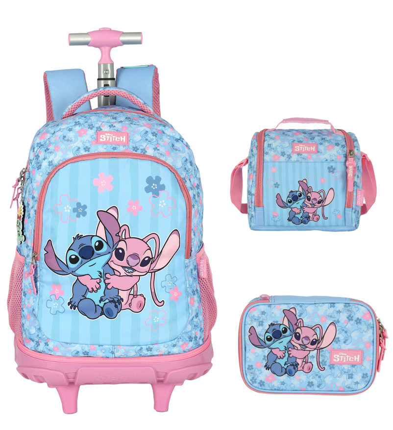 Kit Mochila Rodinhas + Estojo Box + Lancheira da Lilo Stitch e Angel Rosa