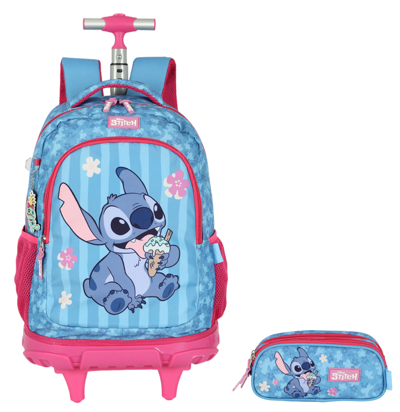 Kit Mochila Rodinhas + Estojo da Lilo Stitch e Angel Pink