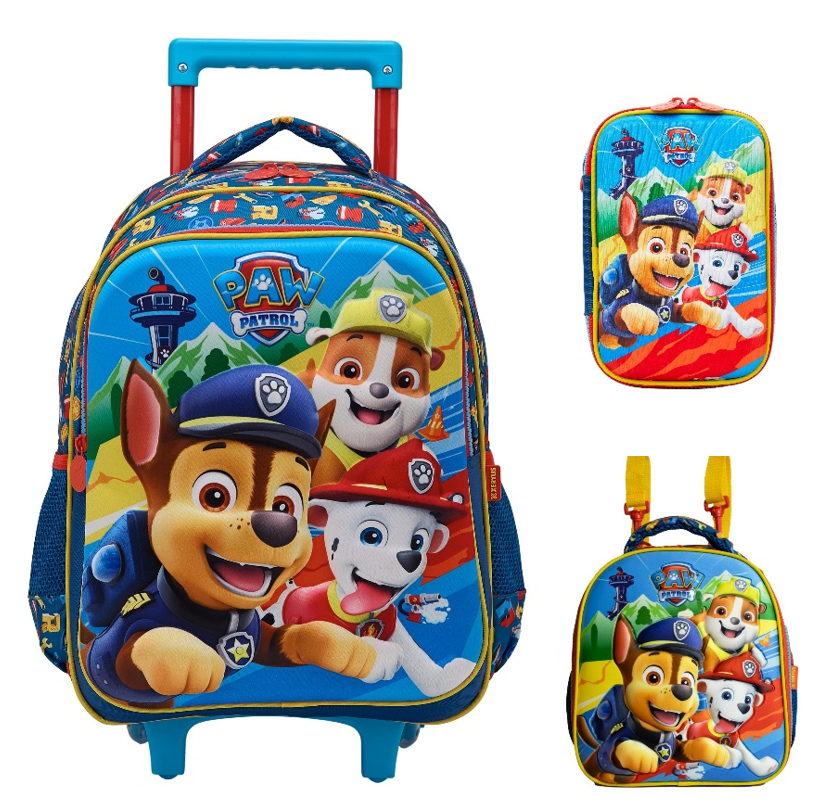 Kit Mochila Rodinhas + Estojo Duplo + Lancheirada Patrulha Canina Relevo