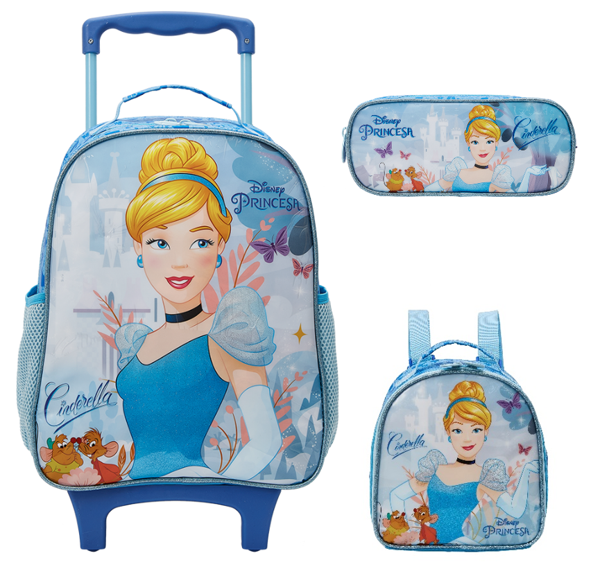 Kit Mochila Rodinhas + Estojo simples + Lancheirada da Princesa Disney Cinderela Azul