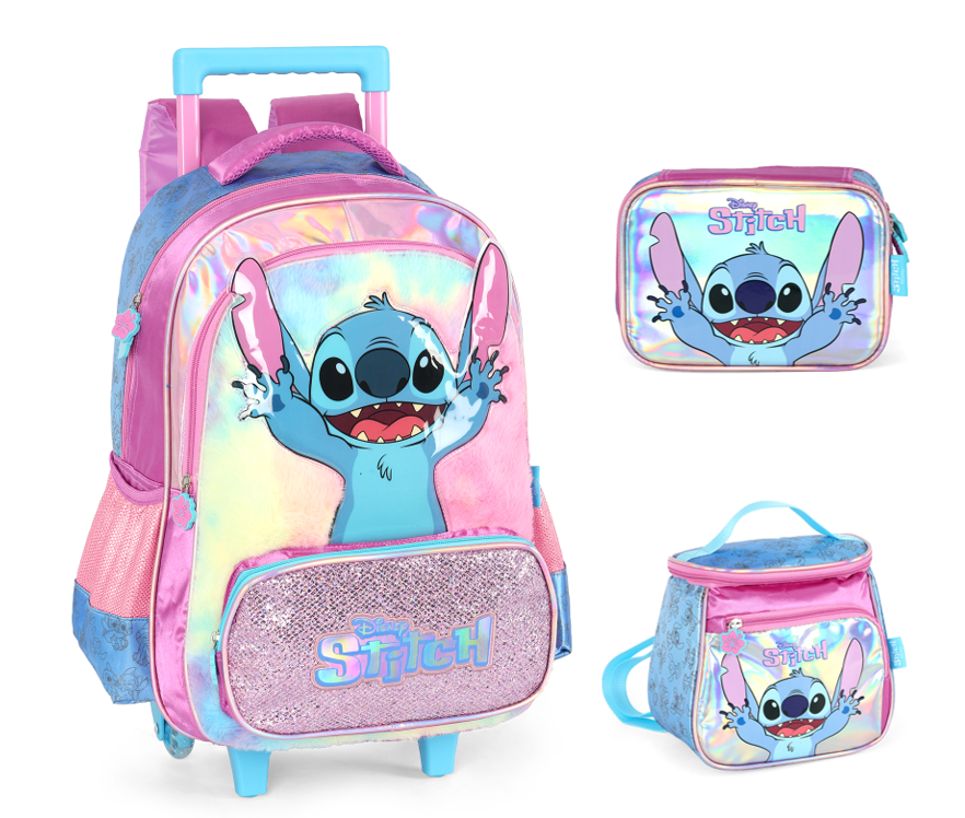 Kit Mochila Rodinhas + Lancheira +Estojo Box Lilo Stitch e Angel Roxa