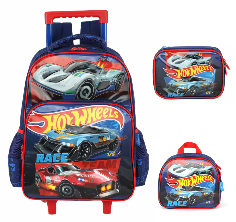 Kit Mochila De Rodinha E Costas + Lancheira Térmica + Estojo Box do Hot Wheels Race For Speed