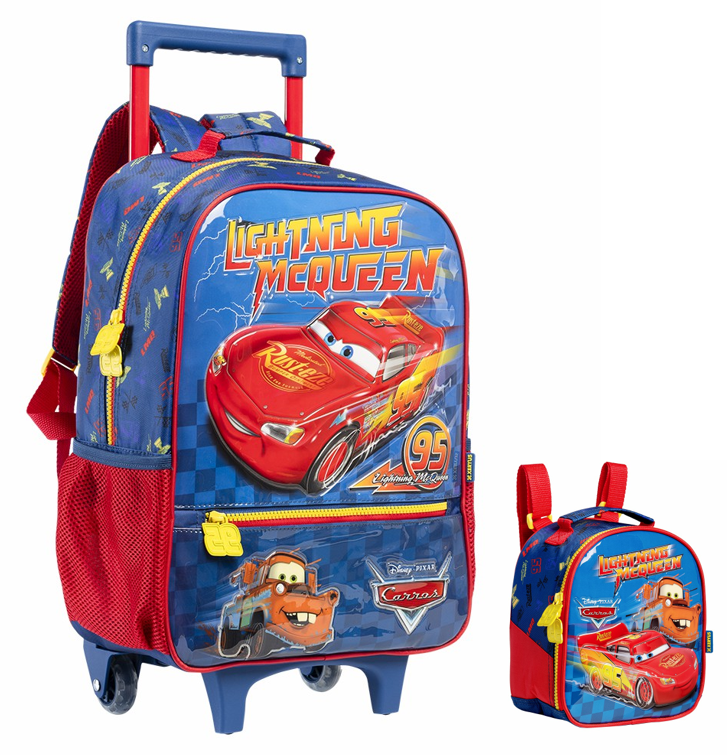 Kit Mochila de Rodinhas Escolar Tam.16 + Lancheira Térmica do Relâmpago McQueen