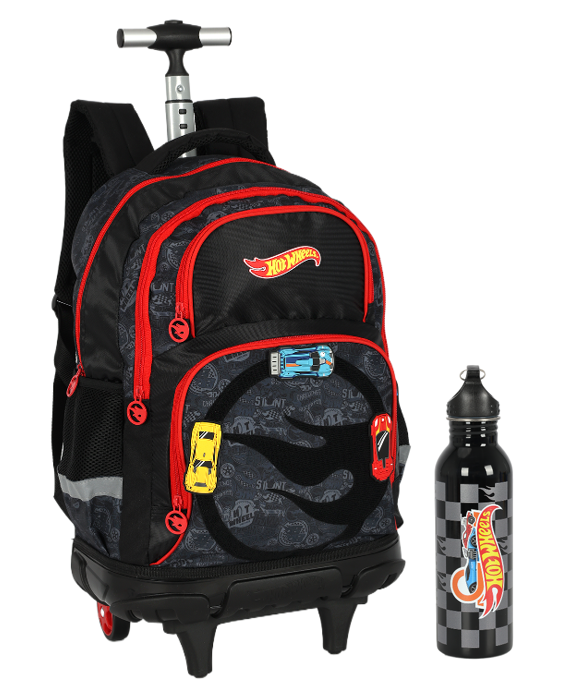 Kit Mochila Infantil Com Rodinhas + Garrafinha do Hotwheels Preto