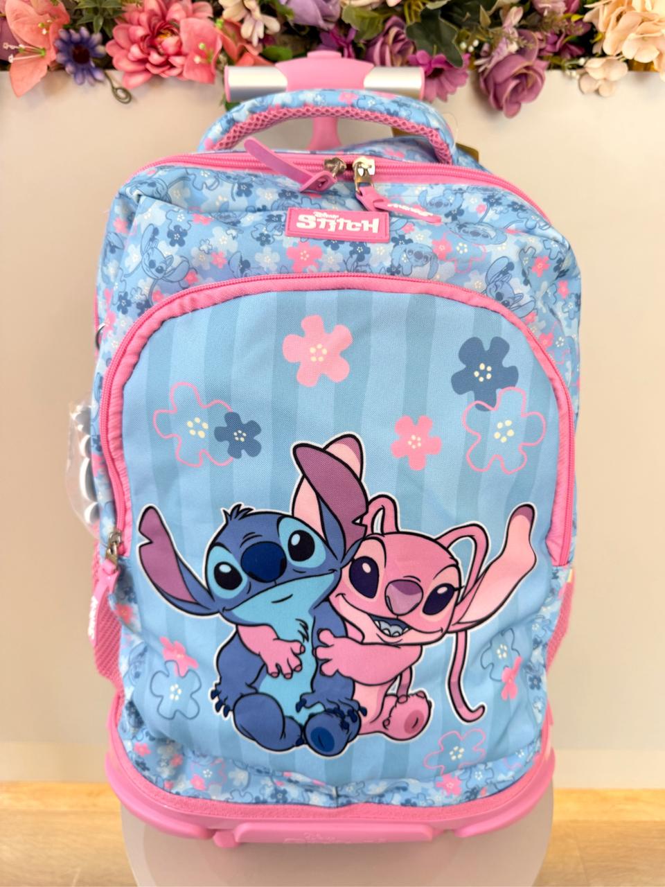 Mochila Infantil C/ Rodinhas da Lilo Stitch e Angel Rosa