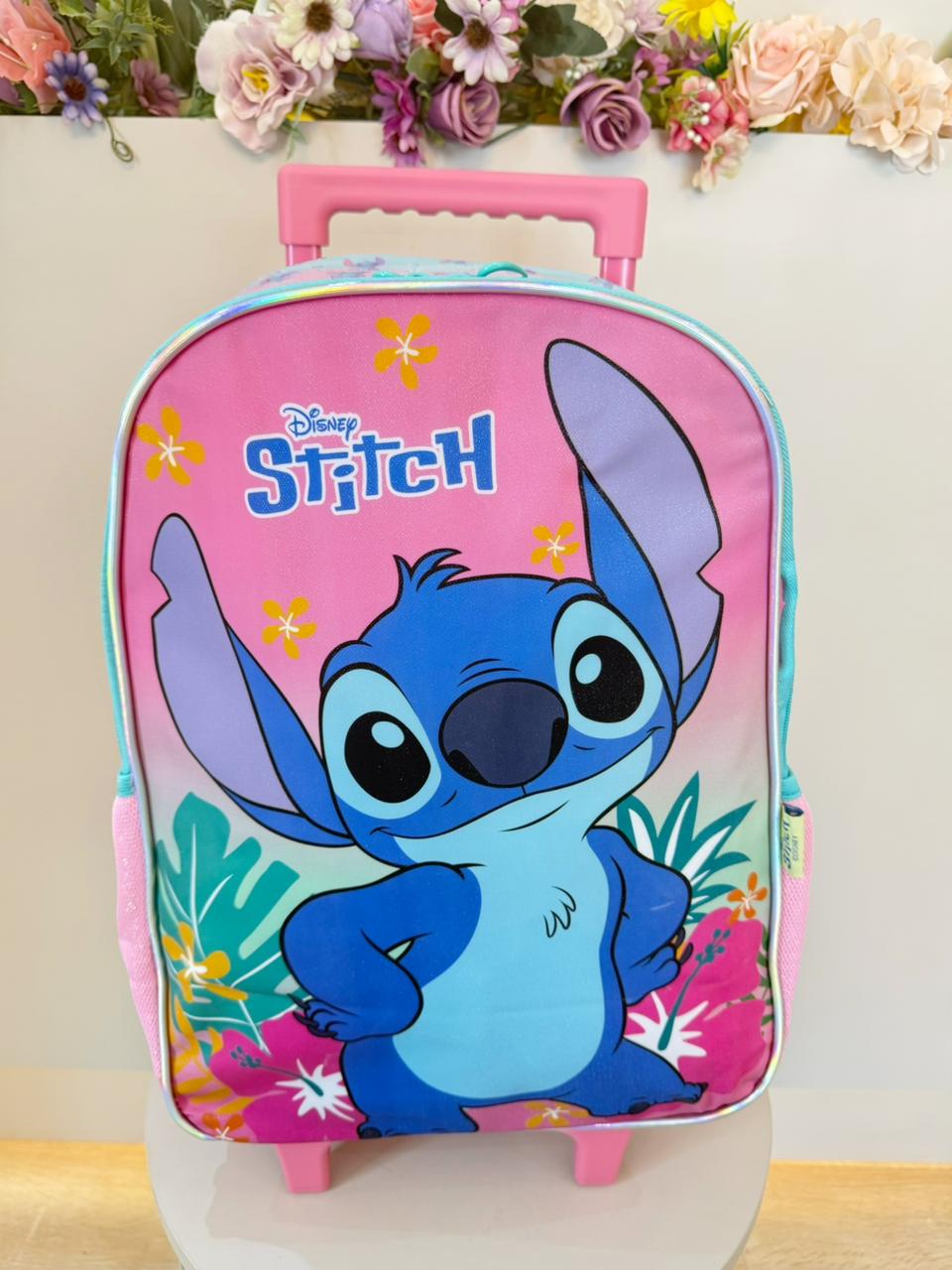 Mochila Infantil C/ Rodinhas da Lilo Stitch e Angel Rosa Tam. 16