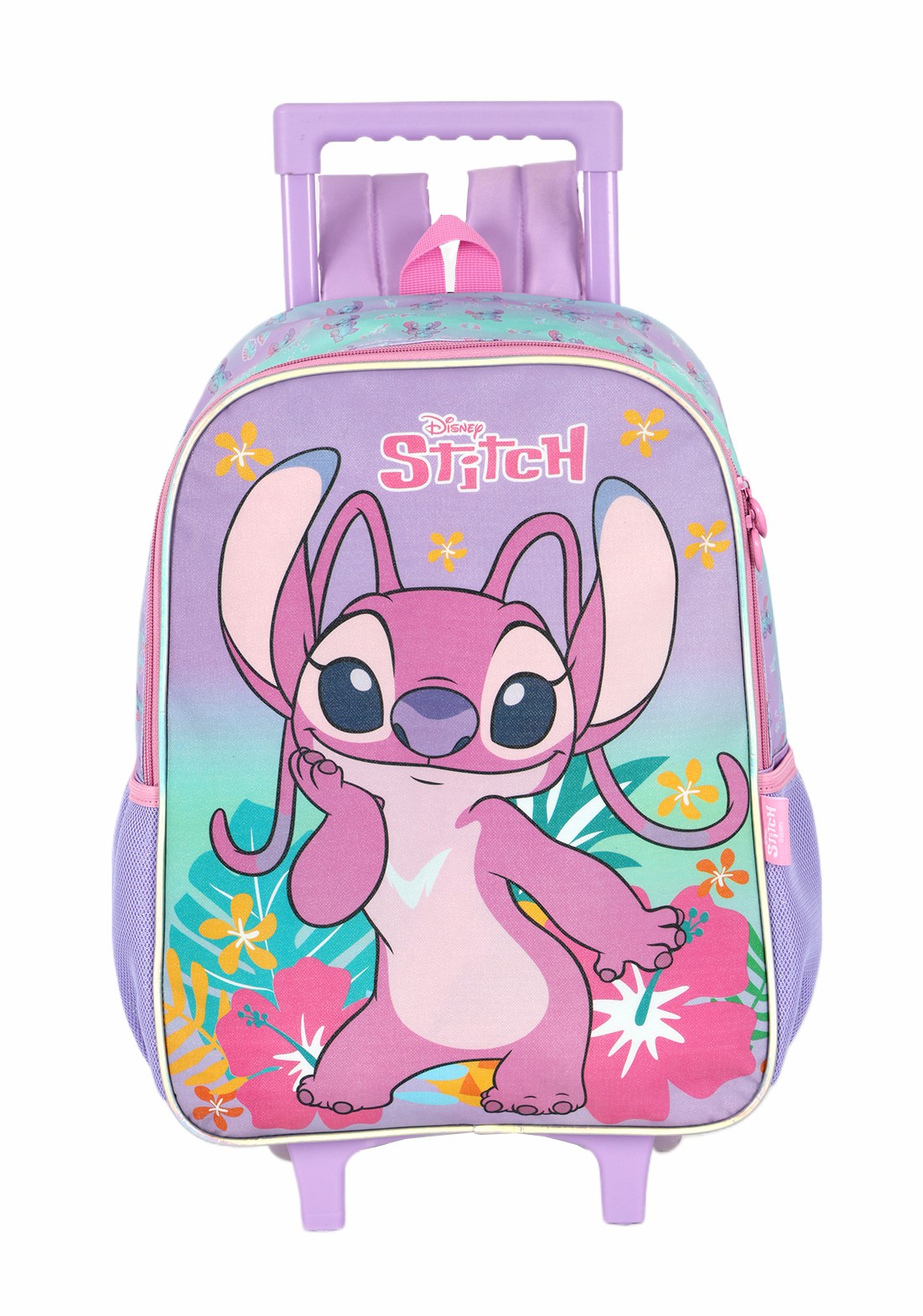 Mochila Infantil C/ Rodinhas Angel e Stitch Roxa Tam. 16