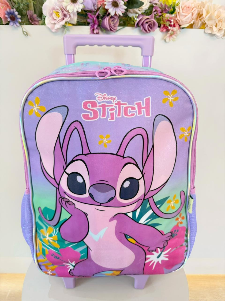 Mochila Infantil C/ Rodinhas Angel e Stitch Roxa Tam. 16