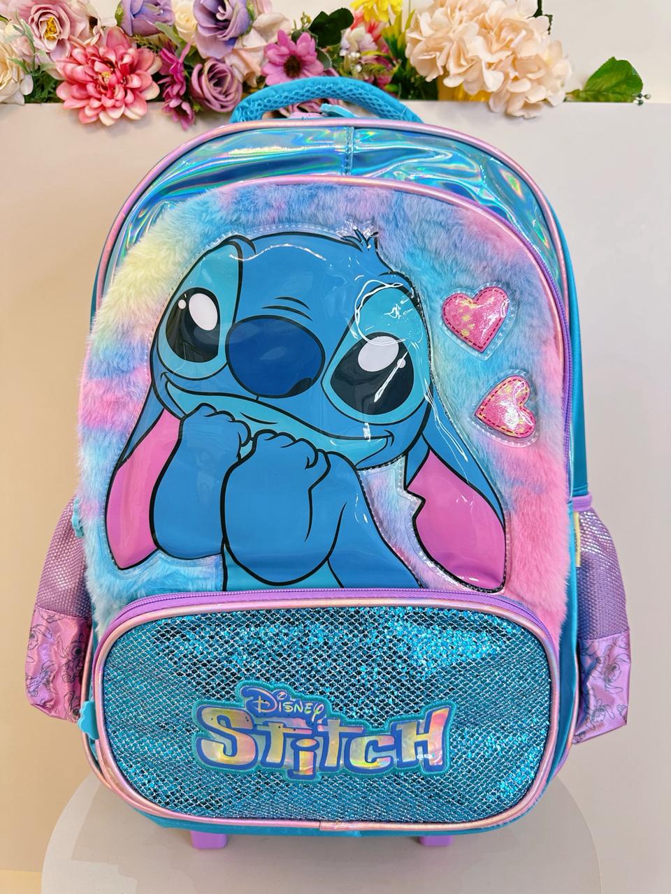 Mochila Infantil C/ Rodinhas do Lilo Stitch e Angel Azul