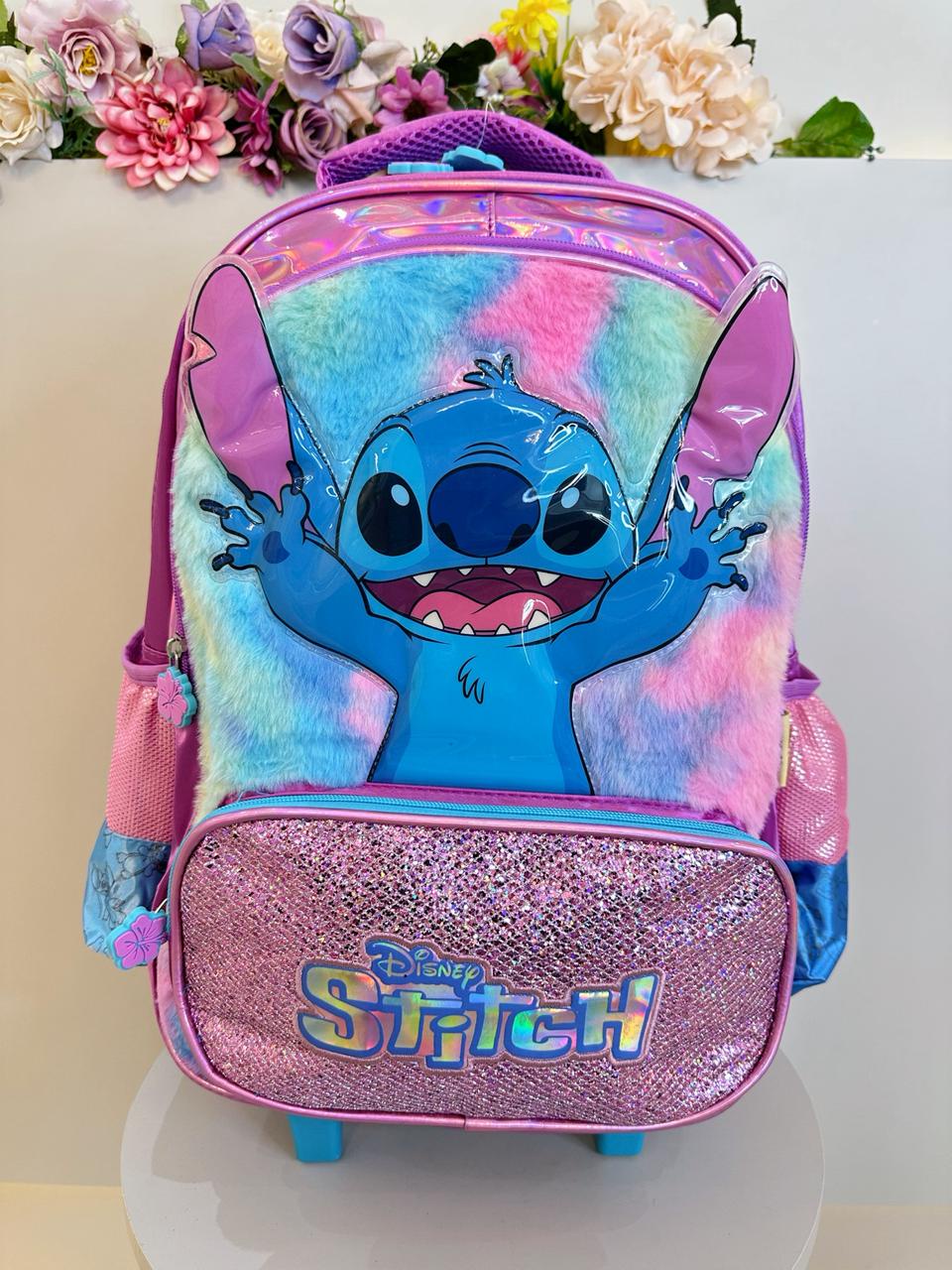 Mochila Infantil C/ Rodinhas do Lilo Stitch e Angel Roxa