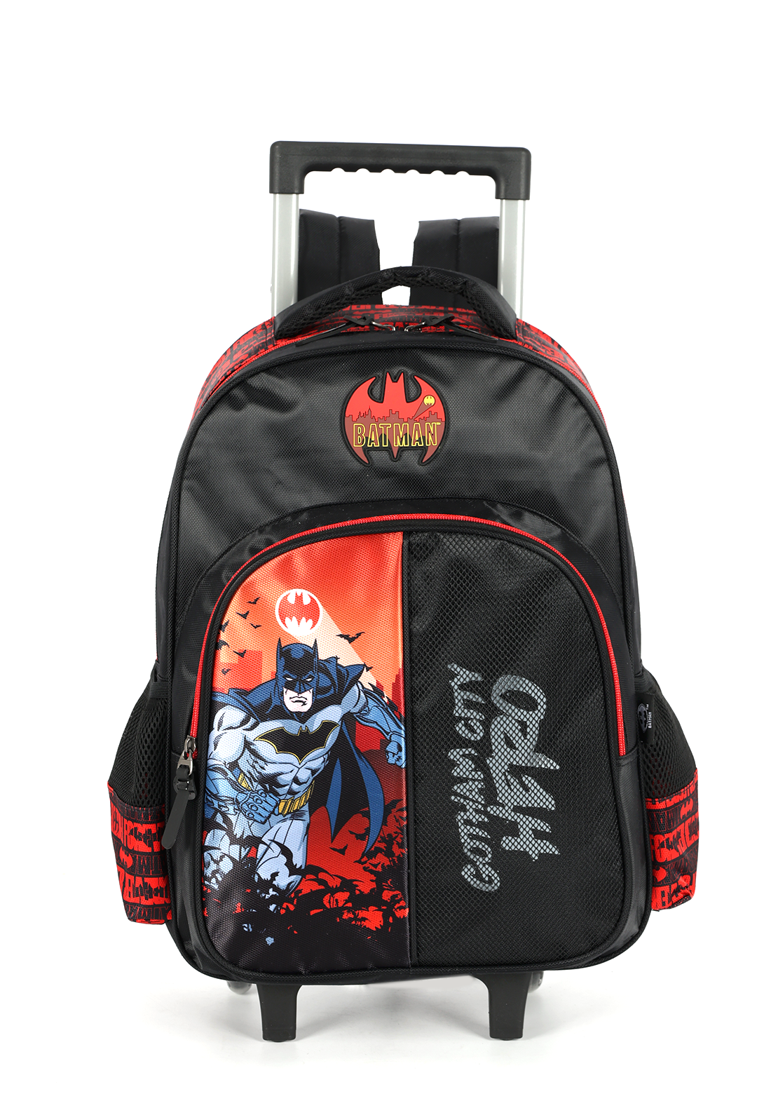 Mochila Infantil Com Rodinhas Batman Preta e Vermelha