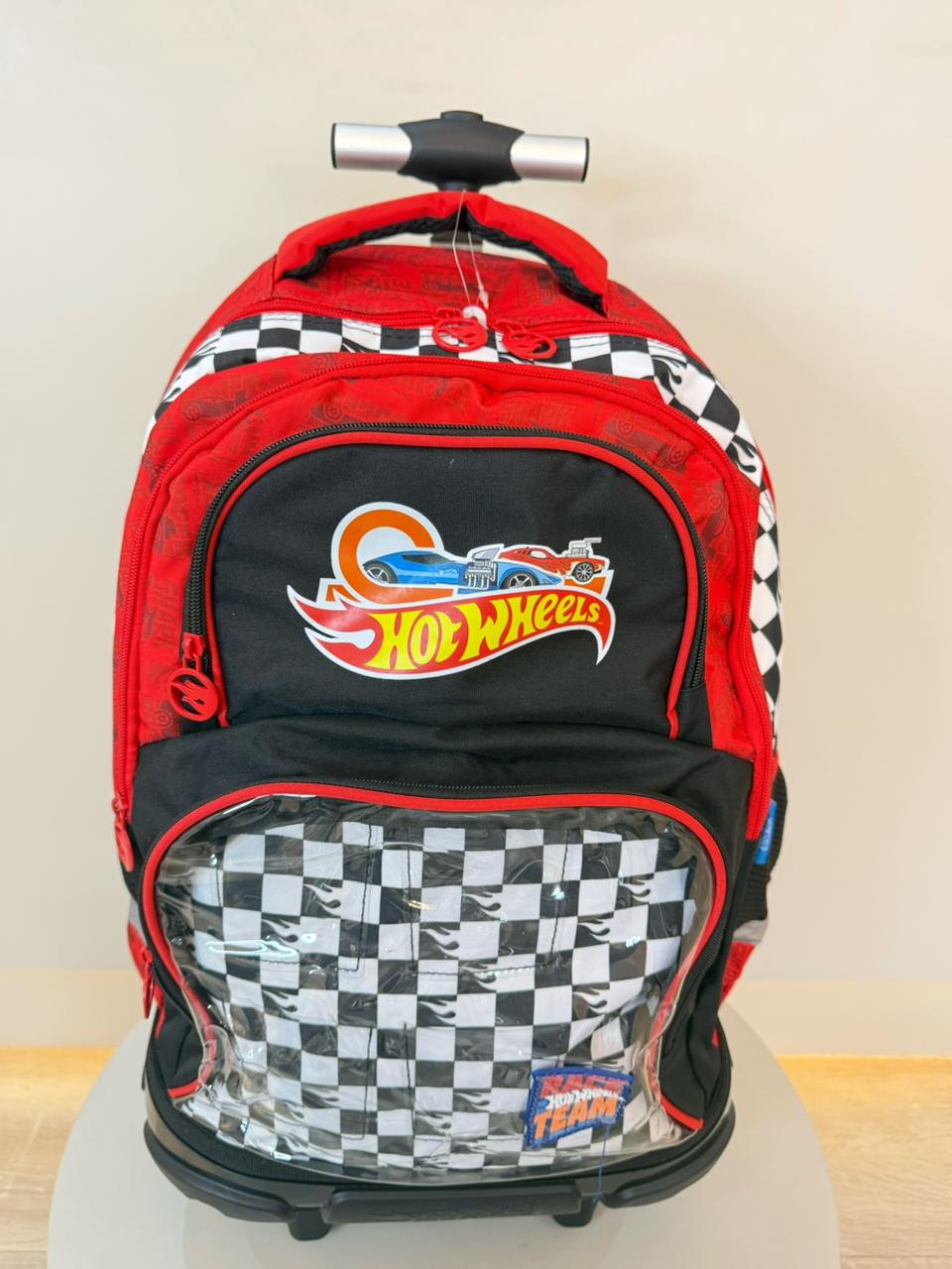 Mochila Infantil Com Rodinhas Hotwheels Preta e Vermelha