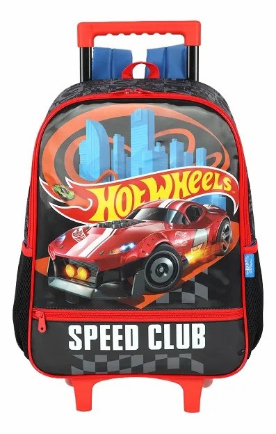 Mochila Infantil Com Rodinhas Hotwheels Speed Club Preta e Azul