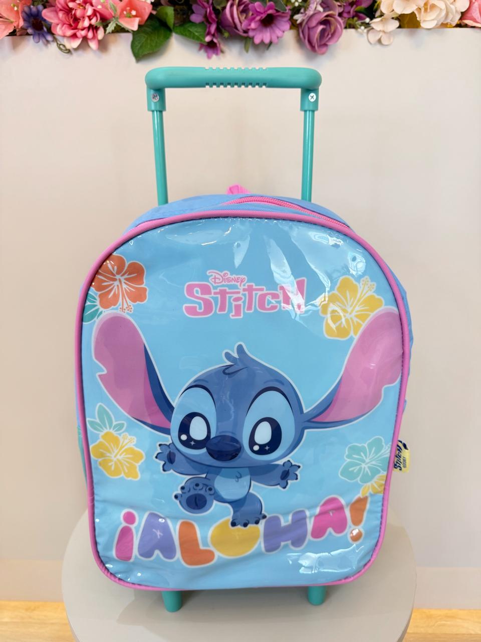 Mochila Infantil Pequena C/ Rodinhas da Lilo Stitch e Angel Azul