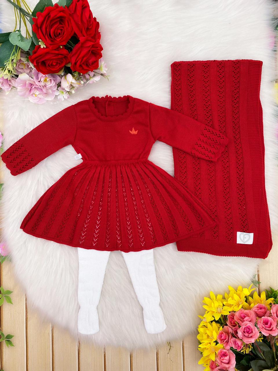 Saída Maternidade Vestido Meia Calça e Manta Tricot Vermelha