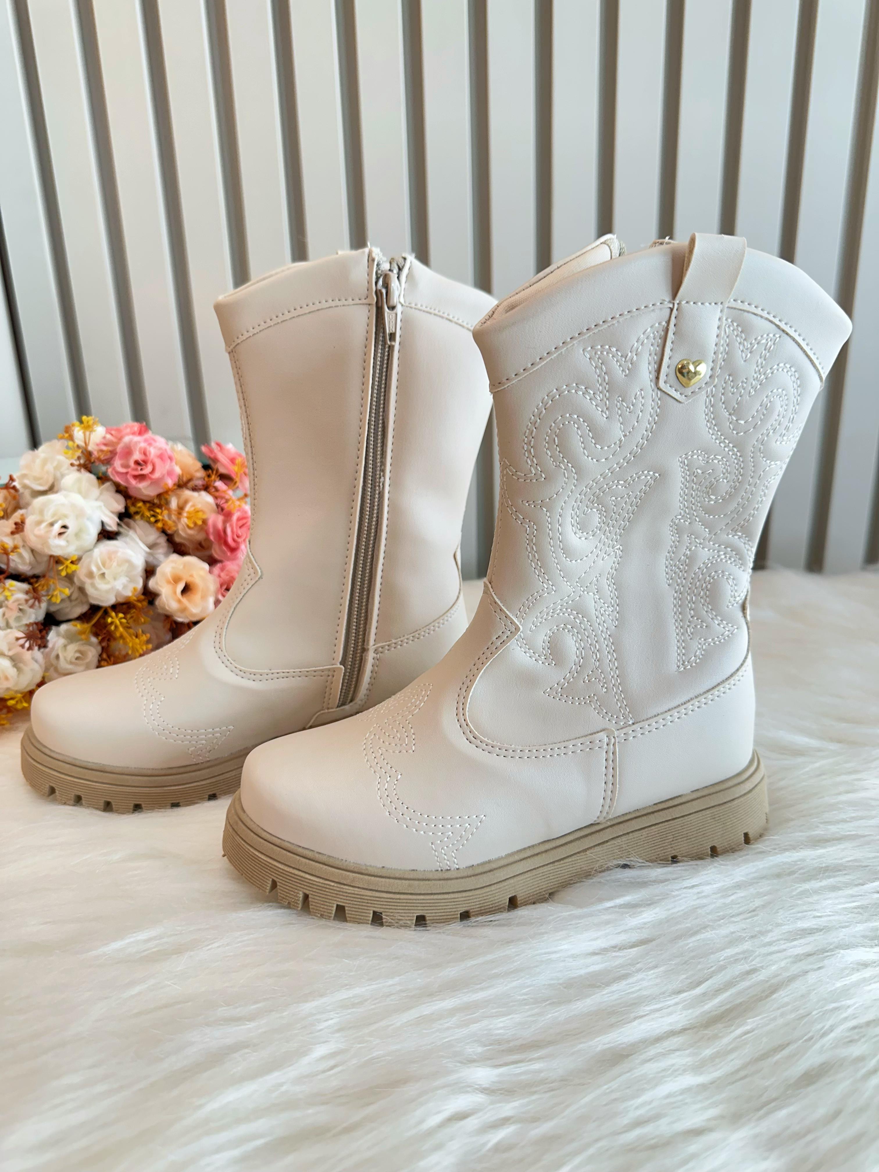Bota infantil Boiadeira Texana Off White Com Zíper Luxo
