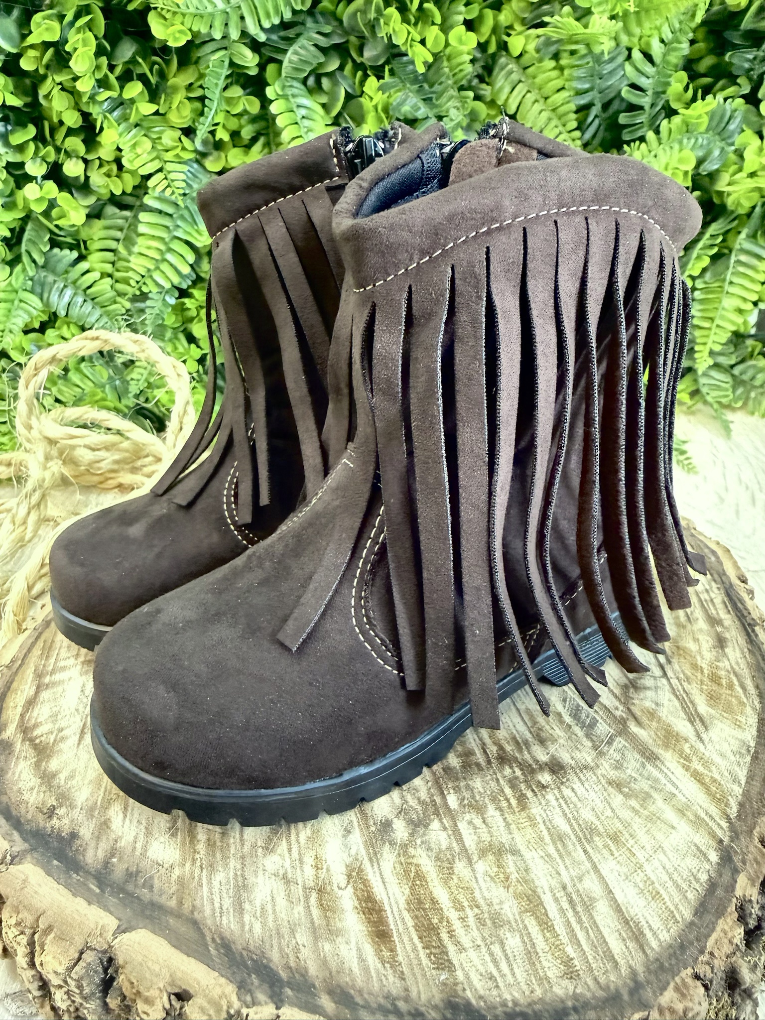 Bota Infantil Marrom Café Boiadeira Cowgirl Franjas Camurça