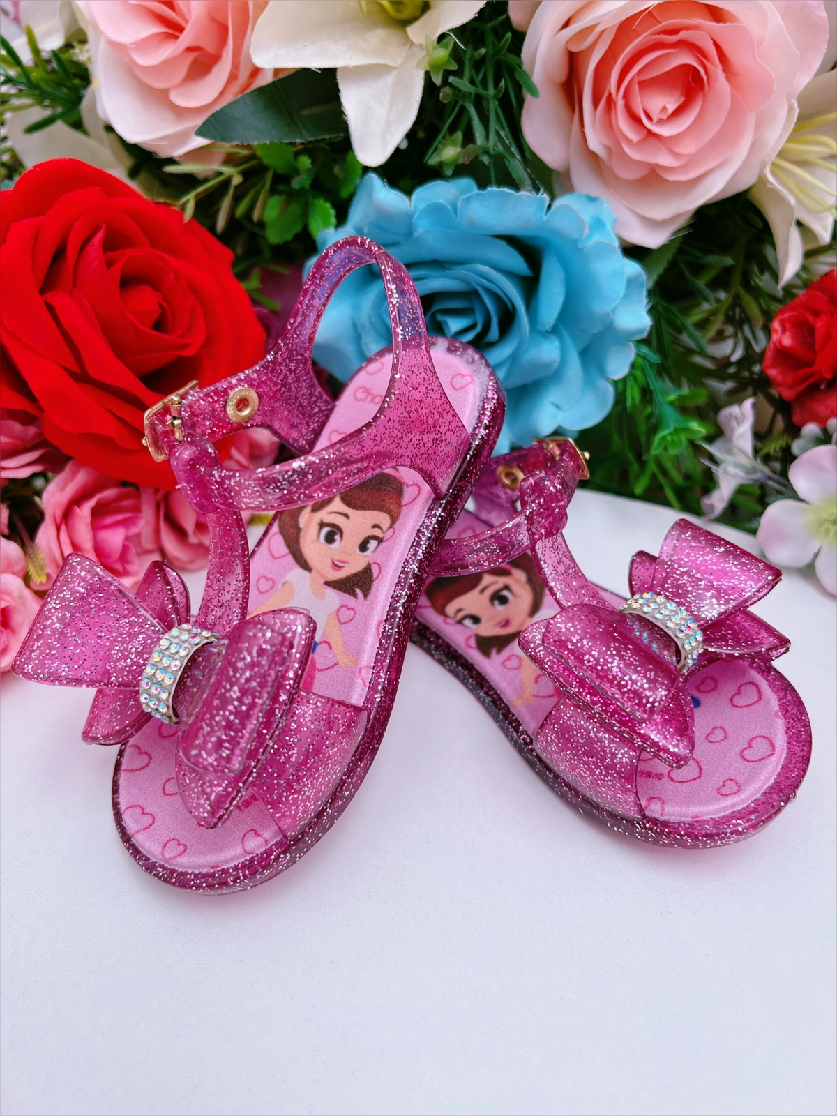 Rasteira Infantil Salomé C/ Laço Duplo Maxi Glitter Rosa