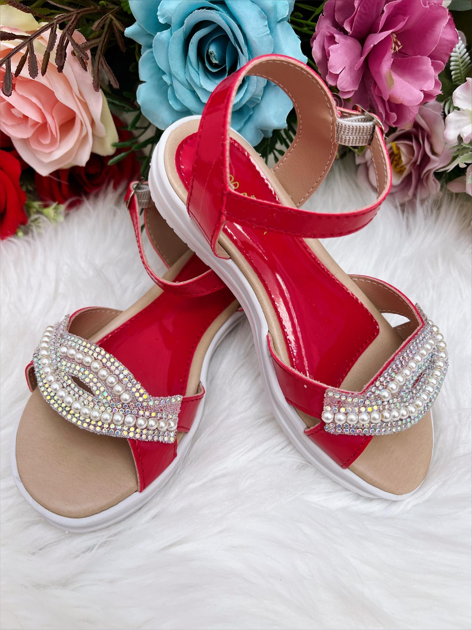 Sandália Infantil Com Pérolas e Strass Rasteira Vermelho