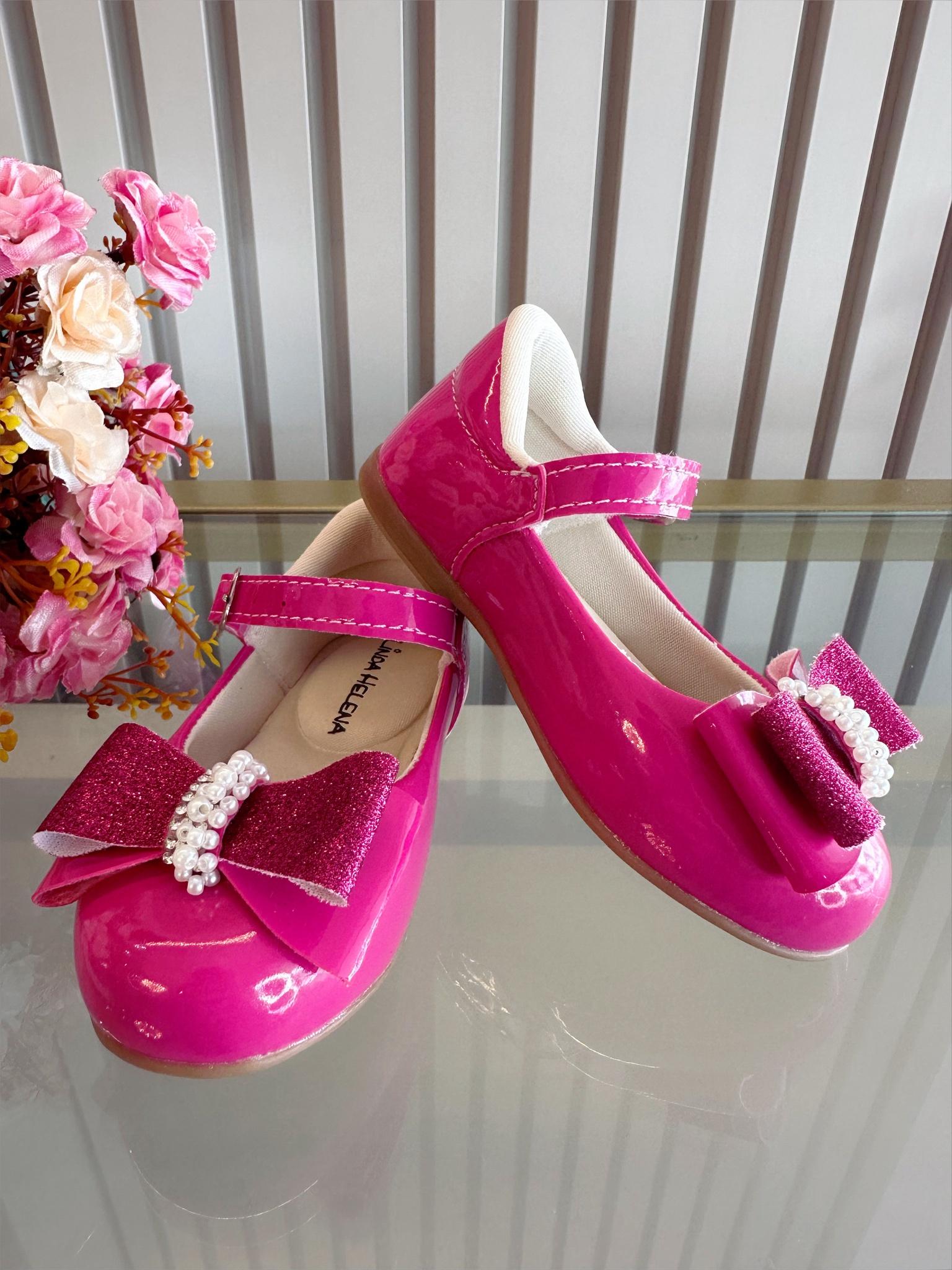 Sapatinho Pink Verniz C/ Aplique de Lacinho e Strass Glitter