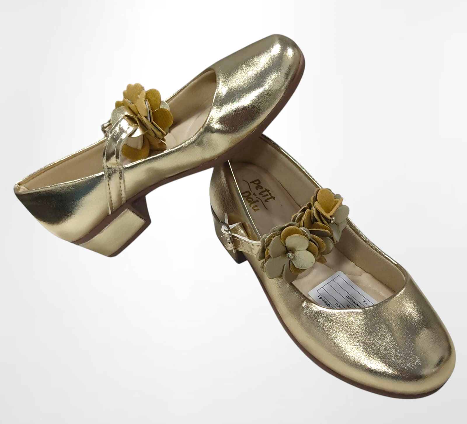 Sapatinho C/ Salto Dourado Verniz Aplique de Florzinhas e Strass