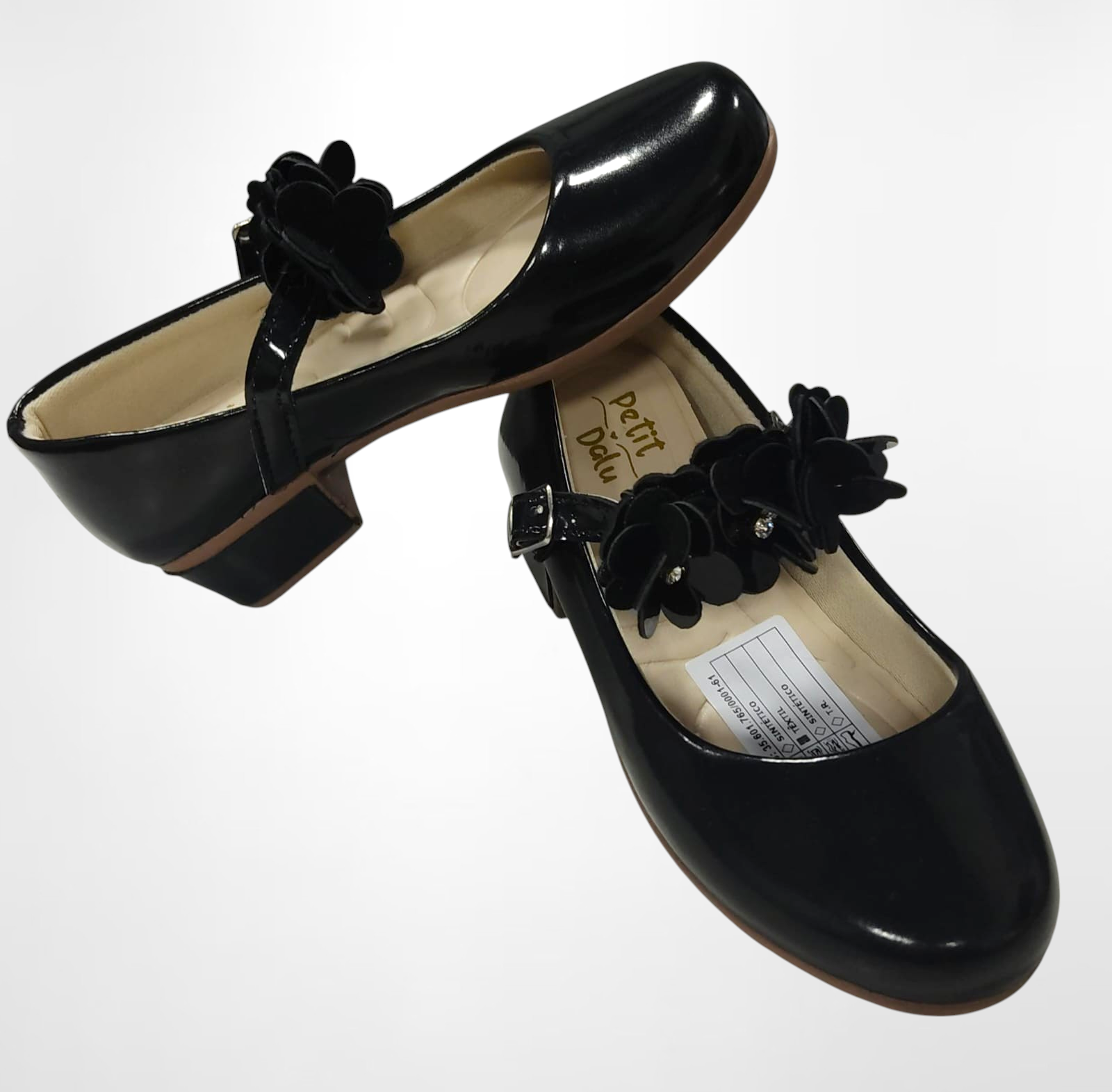 Sapatinho C/ Salto Preto Verniz Aplique de Florzinhas e Strass