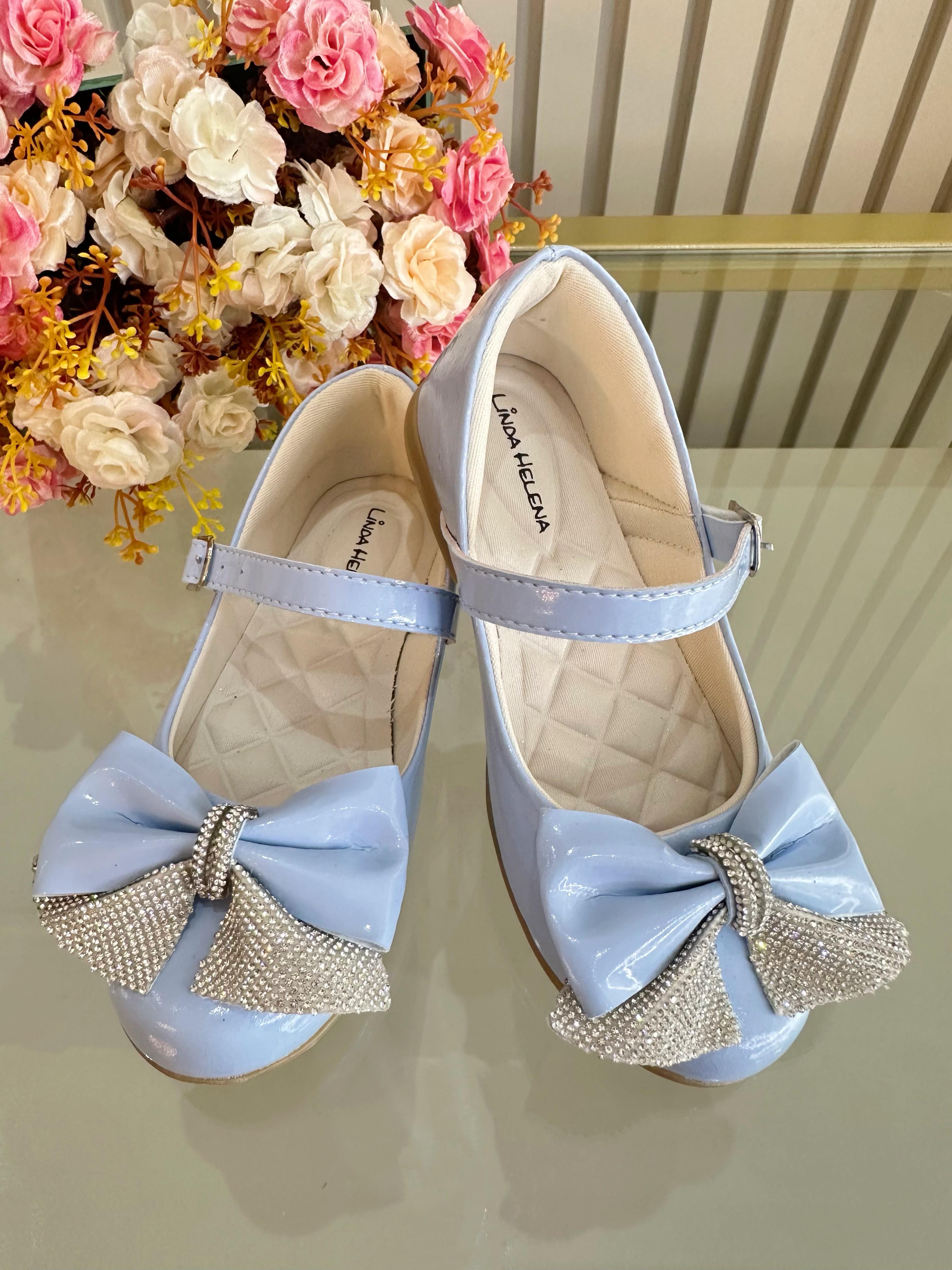 Sapatinho Infantil Azul Verniz Aplique de Lacinho Com Strass
