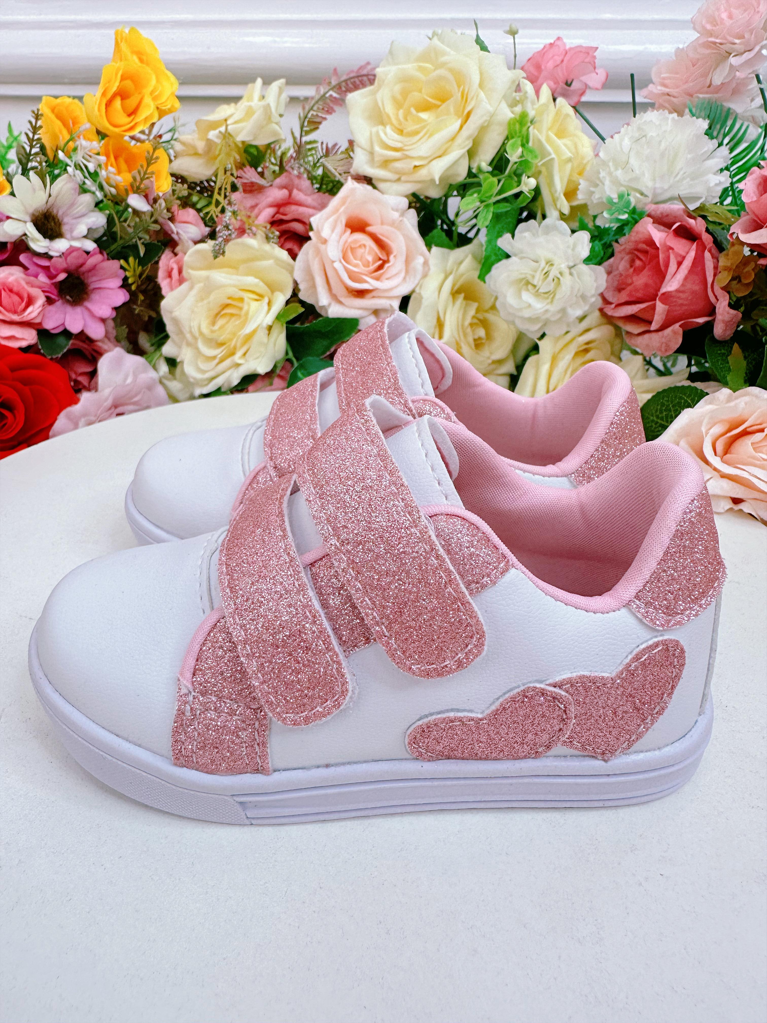 Tênis com Velcro Branco e Rosa C/ Glitter Meninas